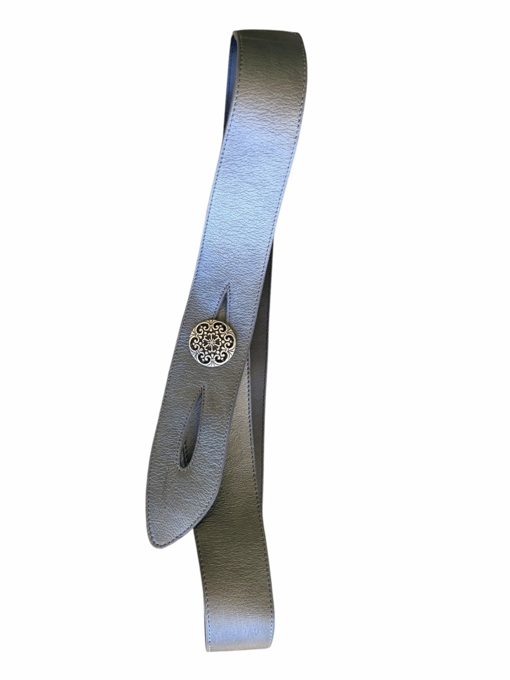 J Jill Black Leather Asymmetrical Hip Belt Silver Filigree Button Accent Size XL - Picture 5 of 6